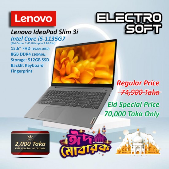 Lenovo IdeaPad Slim 3i  intel i5 Processor: Intel Core i5-1135G7RAM: 8GB DDR4 3200MHz, Storage: 512GB SSD Display: 15.6" FHD Lenovo IdeaPad Slim 3i  intel i5 Processor: Intel Core i5-1135G7RAM: 8GB DDR4 3200MHz, Storage: 512GB SSD Display: 15.6" FHD